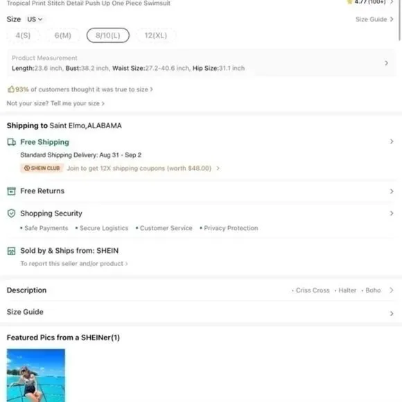 Shein Pink Tropical Stitch Pushup One Piece Swimsuit Bikini L - Picture 11 of 11